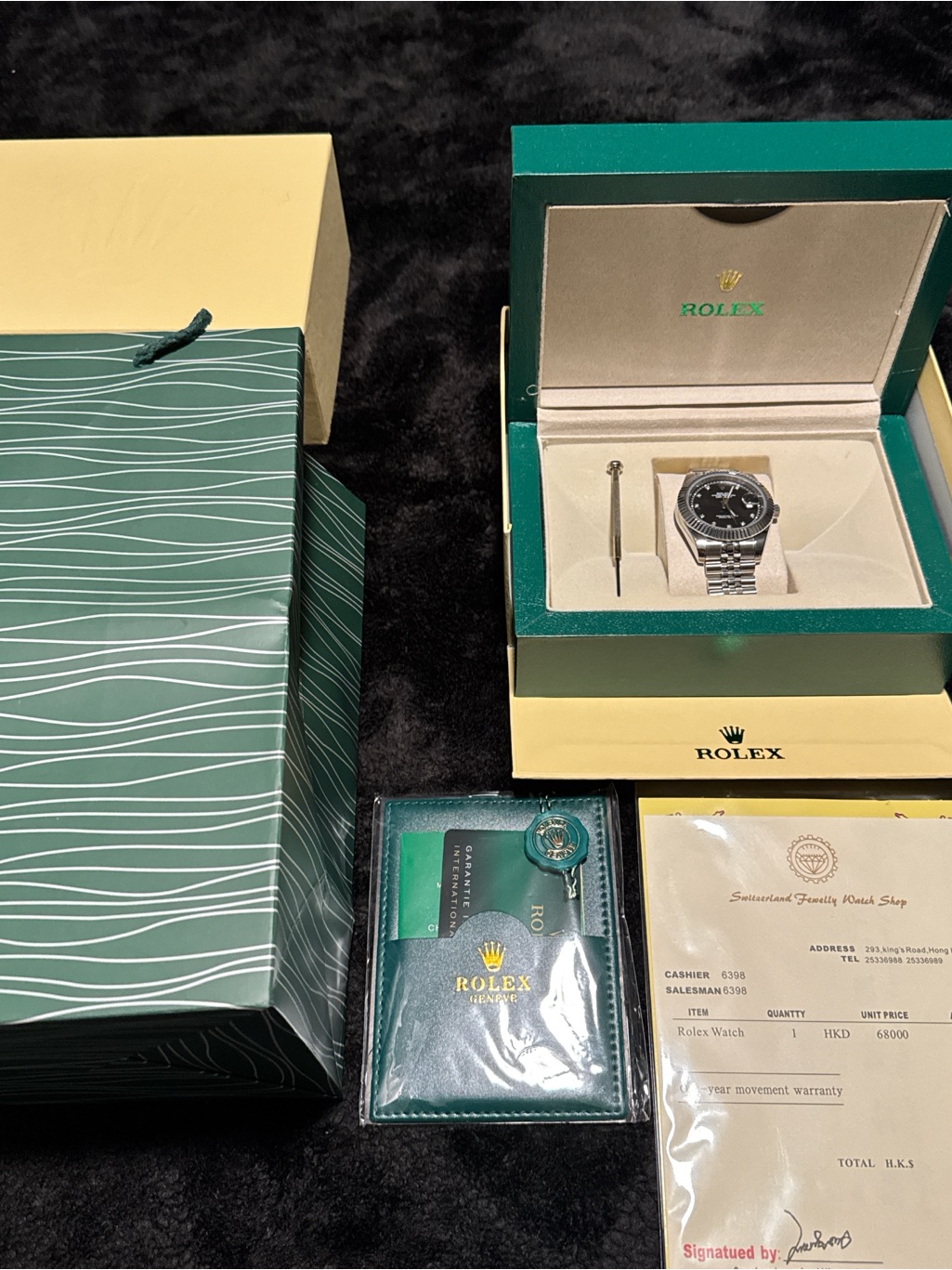 Rolex Silver Stainless Steel Watch With Black Dial And Green Accessories